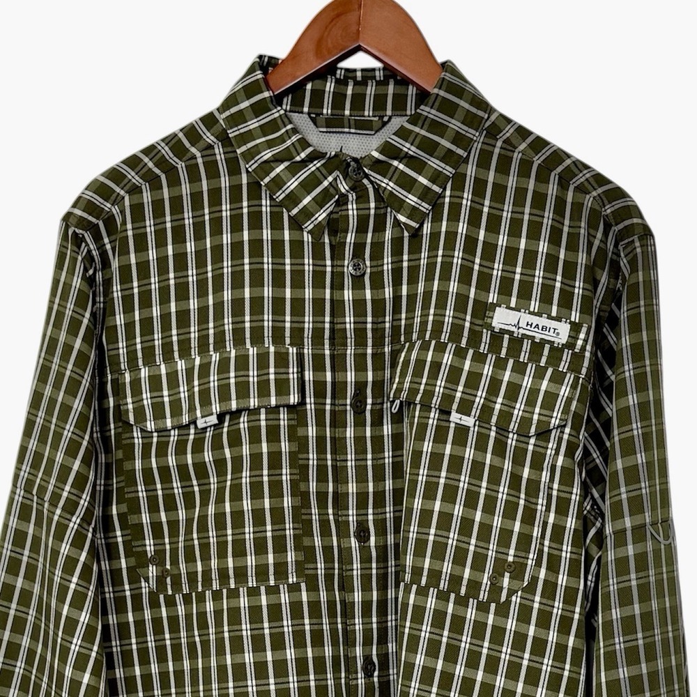 Habit Fishing Shirt Mens Medium Green Plaid Long Sleeve Vented UPF 40 Outdoor